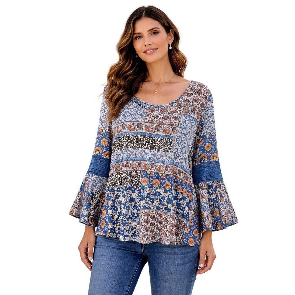 Boho Patchwork Blue Floral Blouse Bell Sleeve Top Women 2X Festival Cottagecore